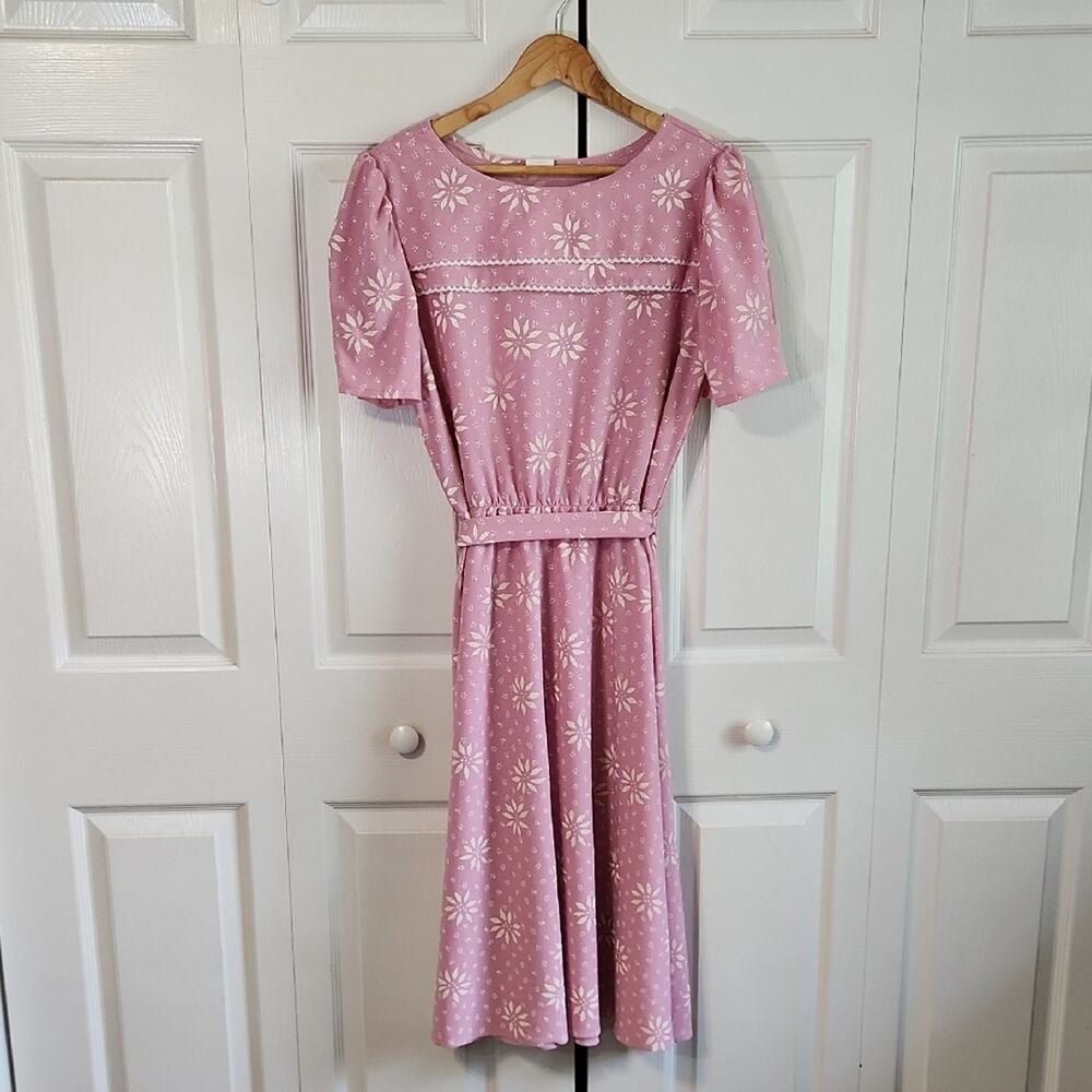 Vintage‎ Sears Womens Pink Floral Dress Size 12 Elastic Waist Lace Cottagecore